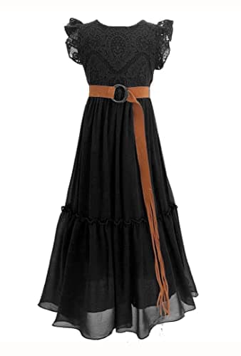 Bow Dream Flower Girl's Dress Vintage Lace with Belt Cowgirl for Junior Bridesmaid Country Party Ankle Length Black 10