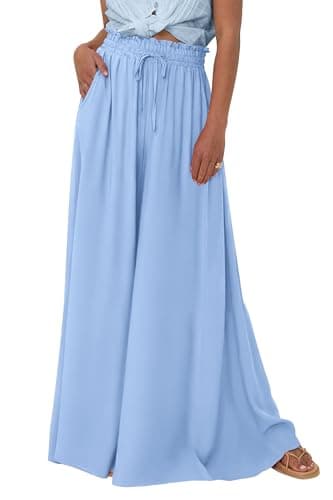 PRETTYGARDEN Women's 2026 Summer Wide Leg Palazzo Pants High Waisted Flowy Pockets Trendy Casual Lounge Boho Beach Trousers (Blue,X-Large)