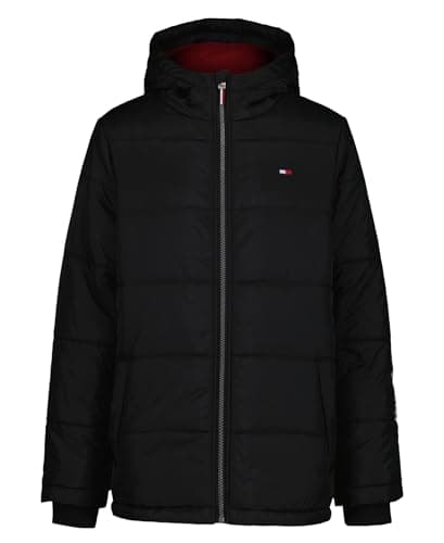 Tommy Hilfiger Boys' Heavyweight Hooded Puffer Jacket with Polar Fleece Lining, Sleeve Logo Black, 10-12
