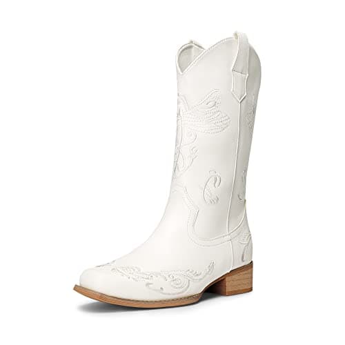 DREAM PAIRS Women's Square Toe Cowboy Cowgirl Boots Pull On Low Chunky Heel Mid Calf Western Boots with Embroidered Stitched for Theme Party Country Concert,Size 6.5,White,SDMB2220W