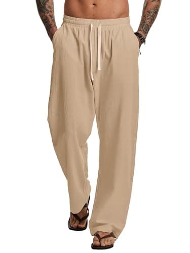 JMIERR Mens Casual Cotton Lightweight Baggy Pants Loose Fit Elastic Waist Barrel Beach Pants Khaki