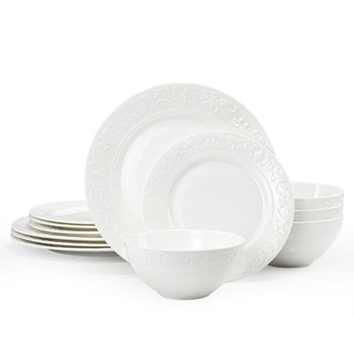 KINGSTONE 12Pcs Vintage Relief White Bone China Set, Service for 4