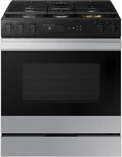 Samsung BESPOKE 30" Smart Slide-In Gas Range with 6.0 cu ft Convection+ Oven, 5 Burners including 18K BTU Brass Burner, Air Fry & Air Sous Vide, Wi‑Fi SmartThings, Stainless Steel – NSG6DG8500SR