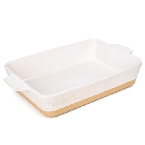 Dafuceramic Casserole Dish for Oven, 4.2 QT Baking Dish, 9x13 Large Porcelain Baking Pan, Durable Rectangular Lasagna Pan Deep with Handles, Microwave Oven Safe, Home Decor, Wedding Gift (Khaki & White)
