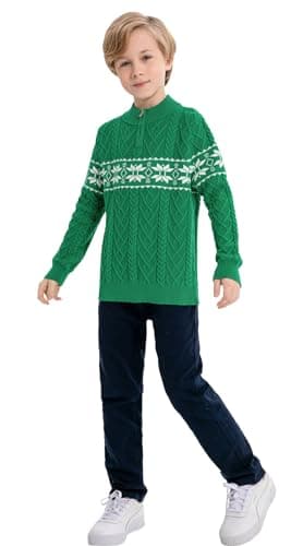 SMILING PINKER Boys Christmas Sweater Cable Knit Half Zip Mock Neck Snowflake Pullover (5-6 Years,Green)