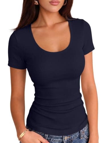 VICHYIE Women Summer Scoop Neck Ribbed Short Sleeve Top Navy L