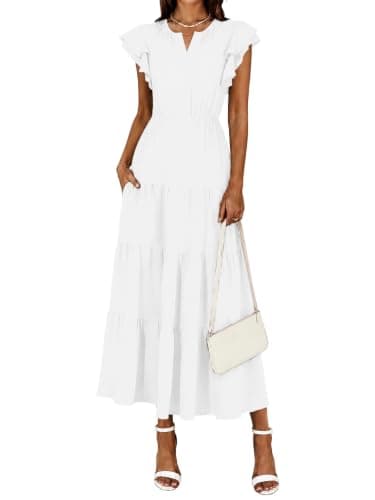 YUNDAI Womens Tiered Ruffle Midi Dress with Pockets Flutter Sleeve Summer
