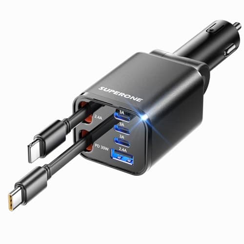 Retractable Car Charger, SUPERONE 99W Car Phone Charger with Cables Fast Charging, USB C Car Charger Adapter for iPhone 17 16 15 14 13 12, Samsung, Black