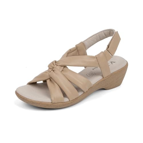 VJH confort Women's Wedge Sandals, Comfortable Platform Cushioned Leather Insole Strappy Round Toe Casual Walking Sandals(Nude,11)