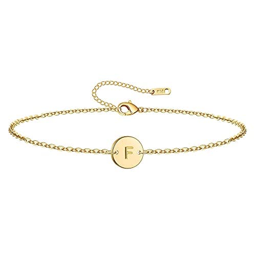 Ovian Initial Charm Bracelet for Women 18K Gold Plated stainless steel Coin Disc Engraved Letter Bracelet Personalized Monogram Name Bracelet (F1)