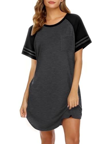 Ekouaer Nightgowns for Women Short Sleeve Sleepshirts Crew Neck Nightshirts Color Block Pajamas Dress Soft Sleepwear Dark Grey X-Large