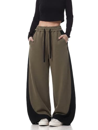 EMMIOL Barrel Sweatpants for Women, Baggy High Waisted Y2K Barrel Leg Joggers with Contrast Side Panels and Pockets Green