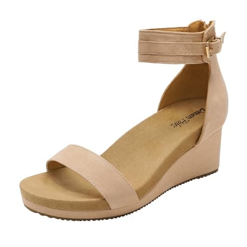 DREAM PAIRS Women's Open Toe Buckle Ankle Strap Platform Wedge Sandals Summer Shoes,Size 5,Nude,NINI-6