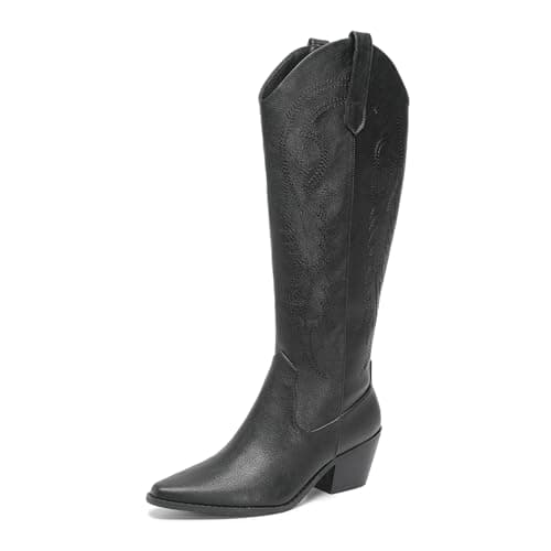 Amoji Women Western Cowboy Boots Tall Cowgirl Knee High Wide Calf Boots Pointed Square Toe Pull On With Zipper FZ307 Black Size 10