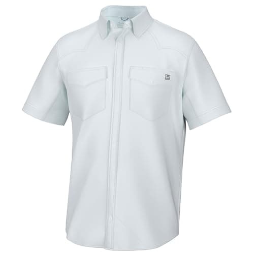 HUK Mens Diamond Back Solid Short Sleeve Button Down Shirt, Fishing Shirt for Men, White, Small