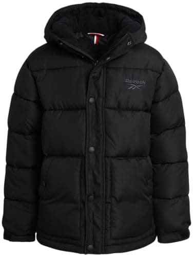 Reebok Boys Puffer Jacket - Heavyweight Wind & Water Resistant Hooded Boys Winter Jacket - Cozy Insulated Puffer Winter Coat, Size 8, Black