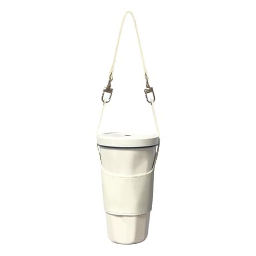 PU Leather Drink Carrier with Hand Strap, Eco Friendly Reusable Adjustable Single Cup Holder for Travel Coffee Cup Hanging Carry, Cruise Drink Caddy & Decorate Your Cup (White)