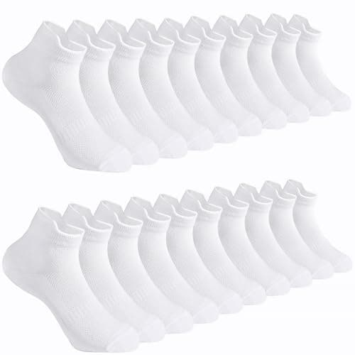 HOERCKC 20 Pairs Ankle Athletic Running Socks Low Cut Sports Tab Socks for Boys and Girls (US, Age, 8 Years, 12 Years, 20 Pairs - White)
