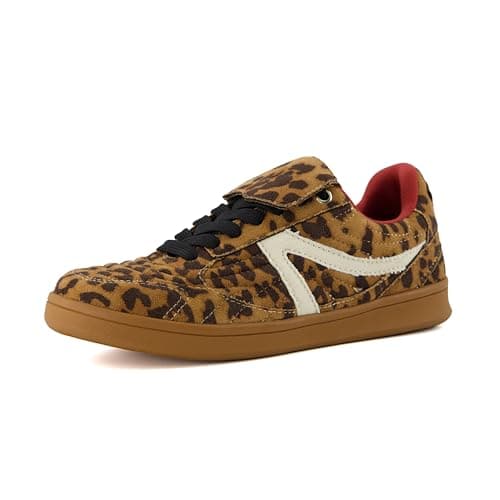 CUSHIONAIRE Women's Astro Retro Sneaker, Lace-Up Design +Memory Foam, Wide Widths Available, Gold Sneakers for Women, Leopard, 7.5