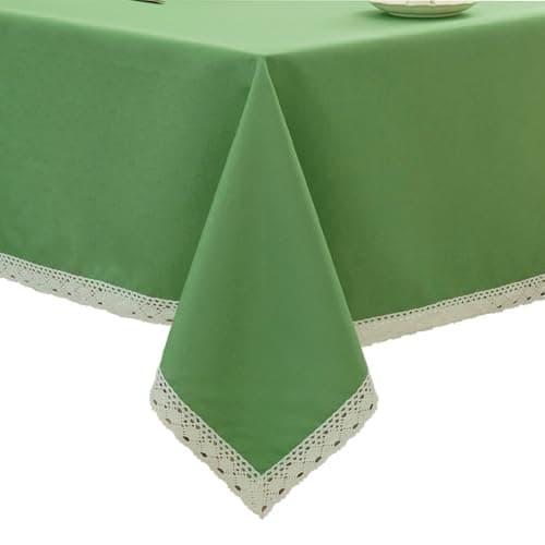 EHouseHome Faux Linen Tablecloth with Lace Trim - Waterproof/Spill Proof/Stain Resistant/Wrinkle Free/Oil Proof - for Banquet, Parties, Dinner,Wedding,Holiday,Oliver Green, Rectangle 60x102Inch