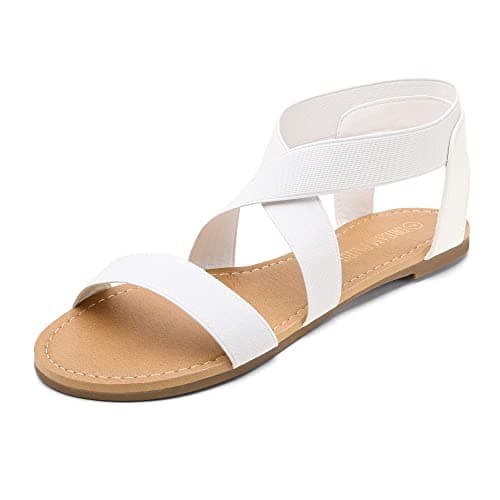 DREAM PAIRS Women's Elastic Ankle Strap Flat Sandals Summer Dressy Shoes Cute Strappy Gladiator Sandals,Size 5,White,ELATICA-6