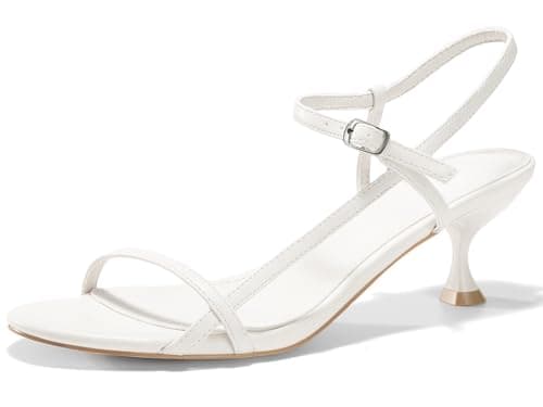 Coutgo Womens Strappy Heeled Sandals Kitten Low Heel Open Toe Ankle Strap Party Wedding Dress Shoes, White, Size 8.5