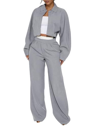 EXLURA Womens 2 Piece Outfits Long Sleeve Zip Up Crop Jackets Long Wide Leg Pant Suits Spring Airport Travel Matching Sets
