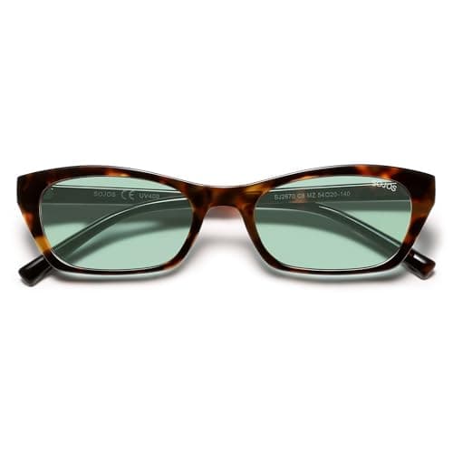 SOJOS Trendy Cat Eye Polarized Sunglasses for Women Men, Retro 90s Y2K Small Thin Rectangle Sunnies SJ2670, Tortoise/Light Green Tint