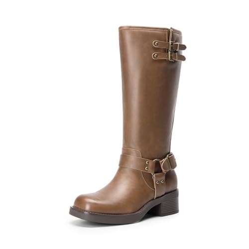 DREAM PAIRS Women's Knee High Boots Side Zipper Motorcycle Boots Square Toe Chunky Low Heel Fashion Buckles Biker Riding Boots,Size 6,Tan-Pu,SDKB2412W