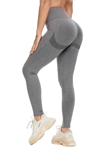 FITTOO Women's High Waist Scrunch Butt Lift Seamless Leggings Ruched Yoga Pants Running Workout Tights Smiling Peach Grey Large