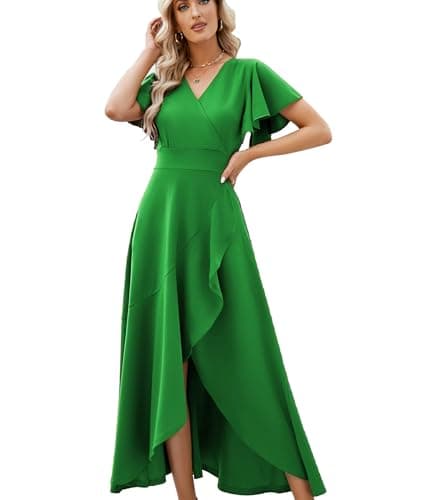 Formal Dresses for Women,Gowns Evening Party Cocktail Dress,Long Split Elegant V Neck Wrap Ruffle Wedding Guest A-line Dresses Apple Green-L