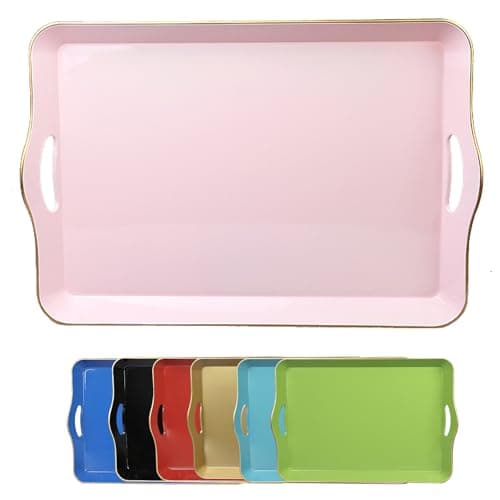 Leemxiiny Pink Decorative Tray for Coffee Table with Handles, Plastic Rectangular Serving Tray for Living Room, Bathroom, Outdoors, 11.8"*17.3"