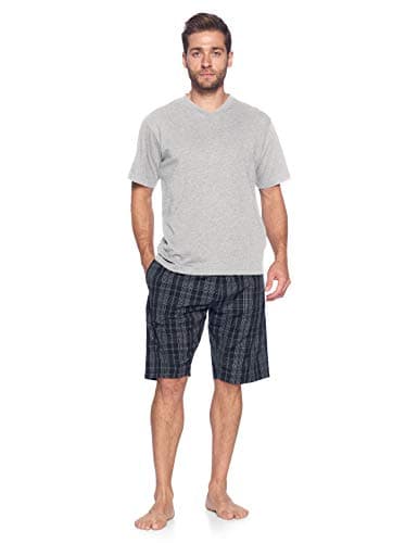 Ashford & Brooks Men's Woven Short Sleeve Jersey Top & Pajama Shorts Set - Black/Grey/White - Large