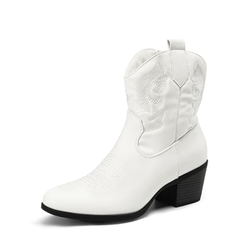DREAM PAIRS Women's Western Cowboy Cowgirl Embroidered Ankle Boots Fashion Low chunky Heel Round Toe Fall Short Booties Shoes,Size 7.5,White,SDAB2432W