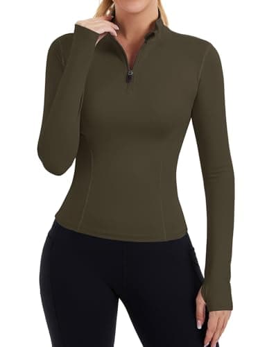 ZHENWEI Workout Tops for Women Lightweight Quarter Zip Pullover Long Sleeve Athletic Slim Fit Golf Polo Shirt Crop Yoga Gym Tops (Army Green,L)