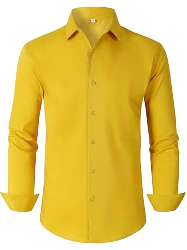 BBIBBI Lemon Yellow Mens Dress Shirt Men’s Shirts for Men Tuxedo Men's Long Sleeve Stretch Work Big and Tall Button Down Slim fit Casual up Collared Wrinkle Free Clothes neon Mustard Yellow S