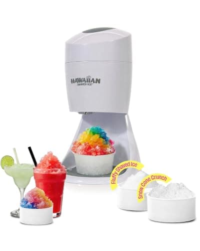 Hawaiian Shaved Ice S900A Snow Cone and Shaved Ice Machine with 2 Reusable Plastic Ice Mold Cups, Non-slip Mat, Instruction Manual, 1-year Manufacturer’s Warranty, 120V, White