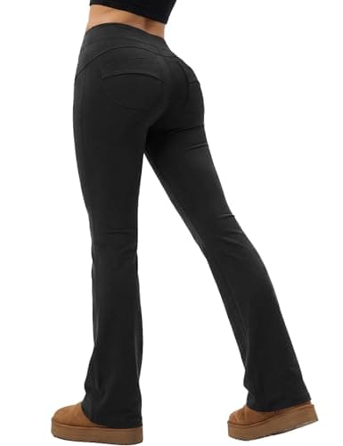 Yogaration High Waisted Flared Pants with 2 Back Pockets,Ribbed Stretchy Business Casual Pants for Women, Bootcut Yoga Pants, Pull on Dress Pants for Office, Outdoor & Daily Wear, 30'', Black, Medium