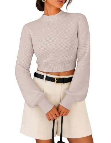 ZESICA Women's Spring Mock Neck Cropped Sweaters 2026 Long Sleeve Soft Ribbed Knit Pullover Jumper Tops Sand Medium