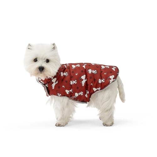 Berkshire Peanuts® Microfleece Dog Coat, Warm Fleece Dog Jacket with Waterproof Shell, Hook & Loop Design for Small, Medium, or Large Dogs (Large, Poses and Paws Hotsauce)