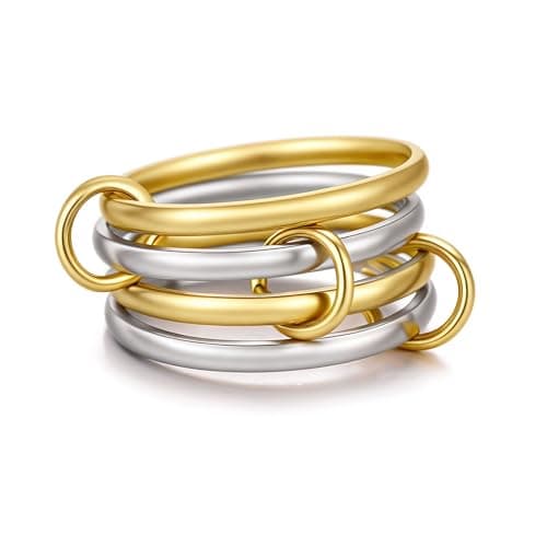 Moiegouct Interlocked Stackable Gold Rings for Women – 4 Layer Silver Gold Stacking Ring Set, Chunky Mixed Metal Jewelry, Interlocking Statement Rings, Size 11
