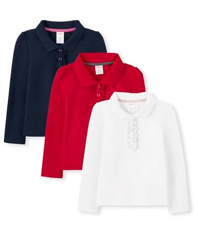 Gymboree,Girls,and Toddler Long Sleeve Ruffle Polo Shirt,Navy/Red/White 3-Pack,12