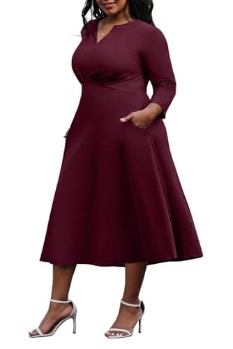 Nmoder Women's Plus Size Stretchy Flared Wrap Dress Casual Wedding Guest Cocktail Work Midi Dresses V Neck 3/4 Sleeve A-Line Swing Wine Red 3XL