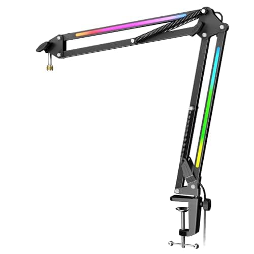 FIFINE Microphone Boom Arm, Metal Adjustable Mic Arm Stand with RGB Control, 3/8” to 5/8” Screw Adapter, Desk Mount Clamp, Suspension Scissor Mic Stand for Gaming Streaming Podcast-AmpliGame BM38