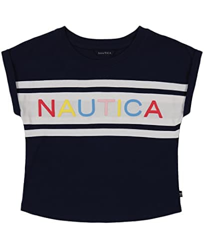 Nautica Girls' Short Sleeve Graphic Logo T-Shirt, Everyday Casual Wear, Soft & Comfortable Fit, Peacoat Billboard, 6