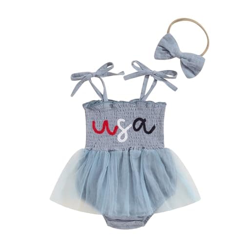 Amnnchya Newborn 4th of July Outfit Girl Baby First Fourth of July Clothes Infant Sleeveless USA Tulle Romper Dress (Blue, 18-24 Months)