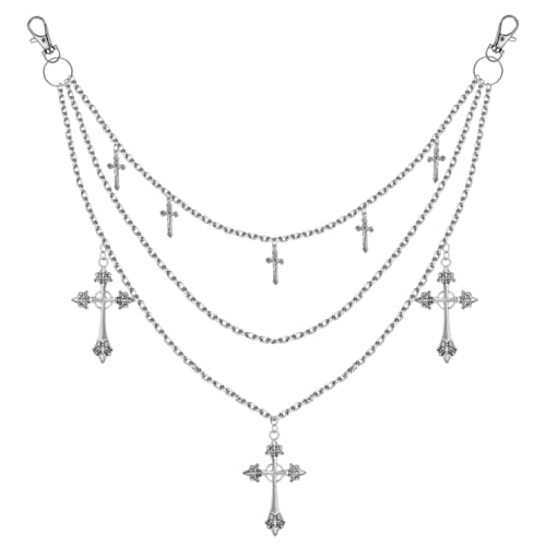 Weenkilly Pants Chain Waist Chain, 3 Layered Silver Cross Punk Chain Belt, Hiphop Gothic Jeans Chain Streetwear Accessories