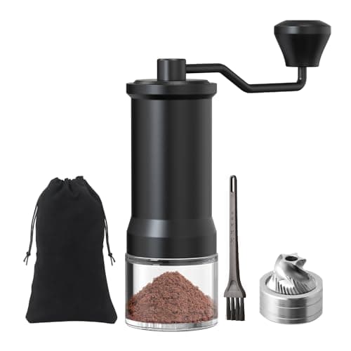 ELMWAY Manual Coffee Grinder, Stainless Steel Conical Burr Hand Mill with Glass Jar, Adjustable Settings, Portable Coffee Bean Grinder for Espresso, Pour Over, French Press, Black