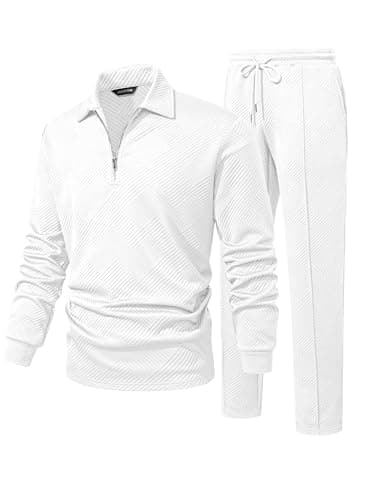 JMIERR Men's 2 Piece Outfits Quarter Zipper Polo Shirt Tracksuit, White, L
