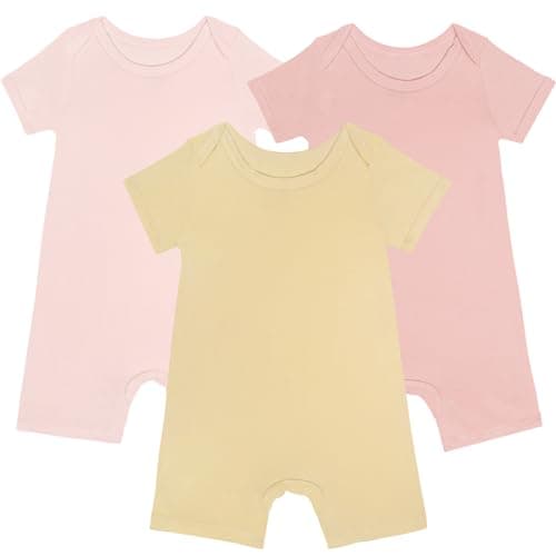 Gaiibbt 3pack Baby Rompers Short Sleeve with Snap Closure Infant Clothes light yellow+baby pink+pink 0-3 M